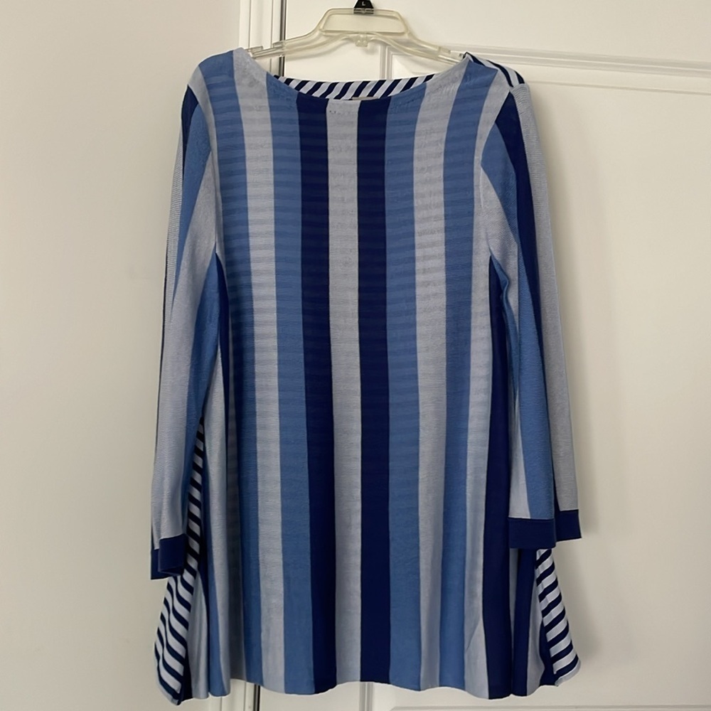 Chico’s Mixed Block Stripes Top SizeL BlueWhite Casual Chic Nautical Modern Boho